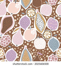 Seamless exotic pattern with creative fruits, papaya,apple, lemon, oranges,raspberry, pears. Abstract summer fruit background. Great for fabric, textile, apparel. Vector illustration