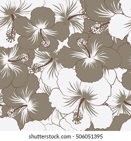 Seamless exotic pattern with gray tropical flowers. Blooming jungle, hibiscus seamless pattern. Motley vector illustration.