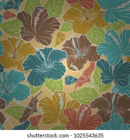 Seamless exotic pattern with green, blue and beige tropical flowers. Blooming jungle, hibiscus seamless pattern. Motley vector illustration.