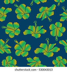 Seamless exotic pattern with green, blue and yellow tropical flowers. Blooming jungle, hibiscus seamless pattern. Motley vector illustration.