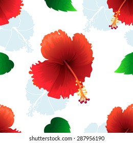   Seamless exotic pattern with  leaves and flowers on a white background. Hibiscus, leaves. Vector illustration.