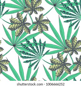 Seamless Exotic Pattern With Leaves of Palm Trees On Black Background. Hand Drawn Jungle Texture In Zentangle Style. Ornate Seamless Background for Print, Interior, Wallpaper, Swimwear. Vector.