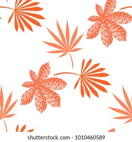 Seamless Exotic Pattern With Leaves of Palm Trees On White Background. Hand Drawn Rainforest Texture In Zentangle Style. Ornate Seamless Background for Print, Interior, Wallpaper, Swimwear. Vector.