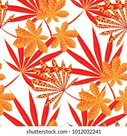 Seamless Exotic Pattern With Leaves of Palm Trees On Black Background. Hand Drawn Rainforest Texture In Zentangle Style. Ornate Seamless Background for Print, Interior, Wallpaper, Swimwear.