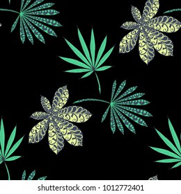 Seamless Exotic Pattern With Leaves of Palm Trees On Black Background. Hand Drawn Tropic Texture In Zentangle Style. Ornate Seamless Background for Print, Interior, Wallpaper, Swimwear. Vector.
