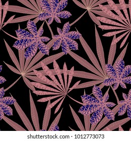 Seamless Exotic Pattern With Leaves of Palm Trees On Black Background. Hand Drawn Tropic Texture In Zentangle Style. Ornate Seamless Background for Print, Interior, Wallpaper, Swimwear. Vector.