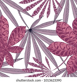 Seamless Exotic Pattern With Leaves of Palm Trees On Black Background. Hand Drawn Rainforest Texture In Zentangle Style. Ornate Seamless Background for Print, Interior, Wallpaper, Swimwear.