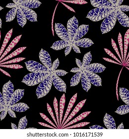 Seamless Exotic Pattern With Leaves of Palm Trees On Black Background. Hand Drawn Rainforest Texture In Zentangle Style. Ornate Seamless Background for Print, Interior, Wallpaper, Swimwear.