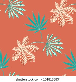 Seamless Exotic Pattern With Leaves of Palm Trees for Summer Design. Hand Drawn Rainforest Texture In Zentangle Style. Ornate Seamless Background for Print, Interior, Wallpaper, Swimwear. Vector.