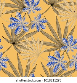 Seamless Exotic Pattern With Leaves of Palm Trees On Black Background. Hand Drawn Jungle Texture In Zentangle Style. Ornate Seamless Background for Print, Interior, Wallpaper, Swimwear. Vector.