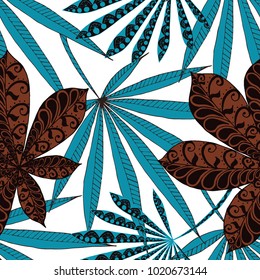 Seamless Exotic Pattern With Leaves of Palm Trees On Black Background. Hand Drawn Jungle Texture In Zentangle Style. Ornate Seamless Background for Print, Interior, Wallpaper, Swimwear.