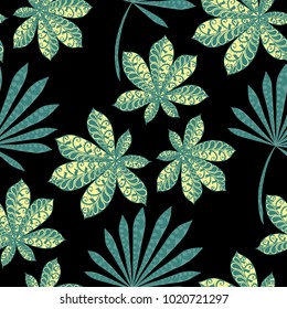Seamless Exotic Pattern With Leaves of Palm Trees On Black Background. Hand Drawn Jungle Texture In Zentangle Style. Ornate Seamless Background for Print, Interior, Wallpaper, Swimwear. Vector.