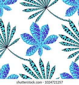 Seamless Exotic Pattern With Leaves of Palm Trees On White Background. Hand Drawn Jungle Texture In Zentangle Style. Ornate Seamless Background for Print, Interior, Wallpaper, Swimwear.