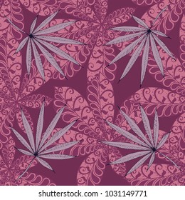 Seamless Exotic Pattern With Leaves of Palm Trees for Summer Design. Hand Drawn Tropic Texture In Zentangle Style. Ornate Seamless Background for Print, Interior, Wallpaper, Swimwear. Vector.