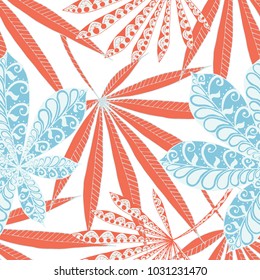 Seamless Exotic Pattern With Leaves of Palm Trees On Black Background. Hand Drawn Rainforest Texture In Zentangle Style. Ornate Seamless Background for Print, Interior, Wallpaper, Swimwear.