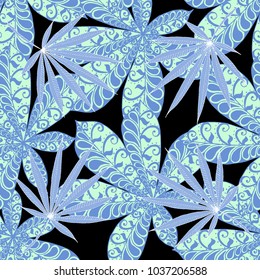 Seamless Exotic Pattern With Leaves of Palm Trees On Black Background. Hand Drawn Tropic Texture In Zentangle Style. Ornate Seamless Background for Print, Interior, Wallpaper, Swimwear.