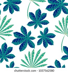 Seamless Exotic Pattern With Leaves of Palm Trees On White Background. Hand Drawn Jungle Texture In Zentangle Style. Ornate Seamless Background for Print, Interior, Wallpaper, Swimwear.