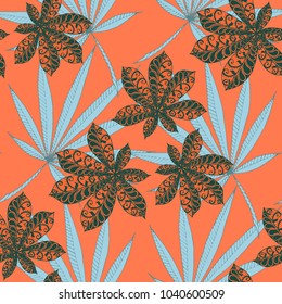 Seamless Exotic Pattern With Leaves of Palm Trees On Black Background. Hand Drawn Rainforest Texture In Zentangle Style. Ornate Seamless Background for Print, Interior, Wallpaper, Swimwear. Vector.