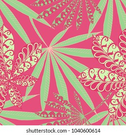 Seamless Exotic Pattern With Leaves of Palm Trees for Summer Design. Hand Drawn Jungle Texture In Zentangle Style. Ornate Seamless Background for Print, Interior, Wallpaper, Swimwear. Vector.