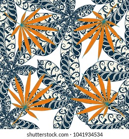 Seamless Exotic Pattern With Leaves of Palm Trees On Black Background. Hand Drawn Jungle Texture In Zentangle Style. Ornate Seamless Background for Print, Interior, Wallpaper, Swimwear. Vector.