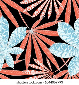Seamless Exotic Pattern With Leaves of Palm Trees On Black Background. Hand Drawn Jungle Texture In Zentangle Style. Ornate Seamless Background for Print, Interior, Wallpaper, Swimwear.