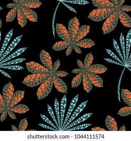 Seamless Exotic Pattern With Leaves of Palm Trees On Black Background. Hand Drawn Jungle Texture In Zentangle Style. Ornate Seamless Background for Print, Interior, Wallpaper, Swimwear. Vector.