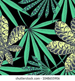 Seamless Exotic Pattern With Leaves of Palm Trees On Black Background. Hand Drawn Rainforest Texture In Zentangle Style. Ornate Seamless Background for Print, Interior, Wallpaper, Swimwear. Vector.