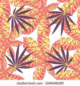 Seamless Exotic Pattern With Leaves of Palm Trees On White Background. Hand Drawn Tropic Texture In Zentangle Style. Ornate Seamless Background for Print, Interior, Wallpaper, Swimwear.