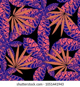 Seamless Exotic Pattern With Leaves of Palm Trees On Black Background. Hand Drawn Jungle Texture In Zentangle Style. Ornate Seamless Background for Print, Interior, Wallpaper, Swimwear. Vector.