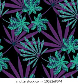 Seamless Exotic Pattern With Leaves of Palm Trees On Black Background. Hand Drawn Jungle Texture In Zentangle Style. Ornate Seamless Background for Print, Interior, Wallpaper, Swimwear.