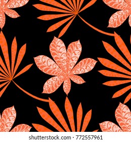 Seamless Exotic Pattern With Leaves of Palm Trees On Black Background. Hand Drawn Rainforest Texture In Zentangle Style. Ornate Seamless Background for Print, Interior, Wallpaper, Swimwear.
