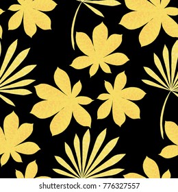 Seamless Exotic Pattern With Leaves of Palm Trees On Black Background. Hand Drawn Rainforest Texture In Zentangle Style. Ornate Seamless Background for Print, Interior, Wallpaper, Swimwear. Vector.