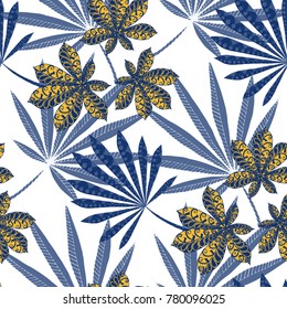 Seamless Exotic Pattern With Leaves of Palm Trees On White Background. Hand Drawn Rainforest Texture In Zentangle Style. Ornate Seamless Background for Print, Interior, Wallpaper, Swimwear. Vector.