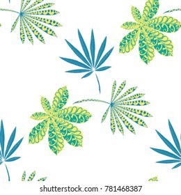Seamless Exotic Pattern With Leaves of Palm Trees On White Background. Hand Drawn Tropic Texture In Zentangle Style. Ornate Seamless Background for Print, Interior, Wallpaper, Swimwear.