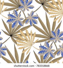 Seamless Exotic Pattern With Leaves of Palm Trees On White Background. Hand Drawn Jungle Texture In Zentangle Style. Ornate Seamless Background for Print, Interior, Wallpaper, Swimwear.