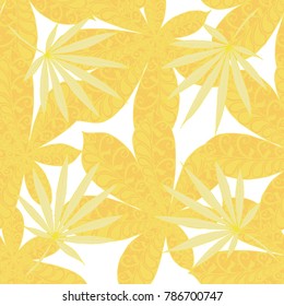 Seamless Exotic Pattern With Leaves of Palm Trees On White Background. Hand Drawn Jungle Texture In Zentangle Style. Ornate Seamless Background for Print, Interior, Wallpaper, Swimwear.