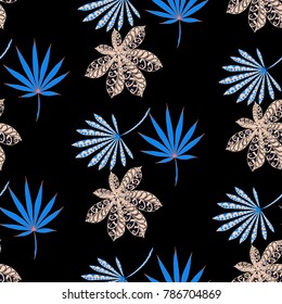 Seamless Exotic Pattern With Leaves of Palm Trees On Black Background. Hand Drawn Rainforest Texture In Zentangle Style. Ornate Seamless Background for Print, Interior, Wallpaper, Swimwear. Vector.