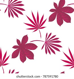 Seamless Exotic Pattern With Leaves of Palm Trees On Black Background. Hand Drawn Rainforest Texture In Zentangle Style. Ornate Seamless Background for Print, Interior, Wallpaper, Swimwear. Vector.