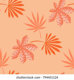 Seamless Exotic Pattern With Leaves of Palm Trees for Summer Design. Hand Drawn Jungle Texture In Zentangle Style. Ornate Seamless Background for Print, Interior, Wallpaper, Swimwear. Vector.
