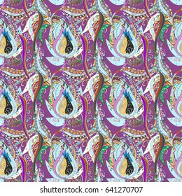 Seamless exotic pattern with many abstract blue and pink tropical flowers. Blooming jungle. Motley vector illustration.
