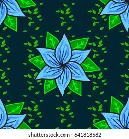 Seamless exotic pattern with many blue tropical flowers. Blooming jungle. Motley vector illustration.