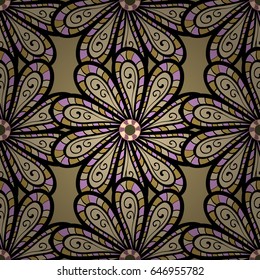 Seamless exotic pattern with many blue and pink tropical flowers. Blooming jungle. Motley vector illustration.