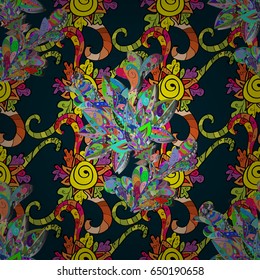 Seamless exotic pattern with many blue tropical flowers. Blooming jungle. Motley vector illustration.