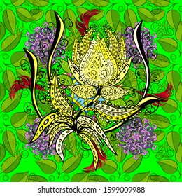 Seamless exotic pattern with many colorfil and yellow, black and green tropical leaves. Vector illustration. Blooming jungle. Motley like illustration.