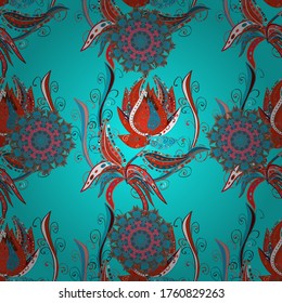 Seamless exotic pattern with many colorfil and blue, orange and pink tropical leaves. Motley like illustration. Vector illustration. Blooming jungle.