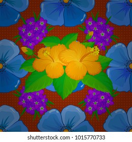 Seamless exotic pattern with many green, blue and orange tropical flowers. Blooming jungle. Motley vector illustration.