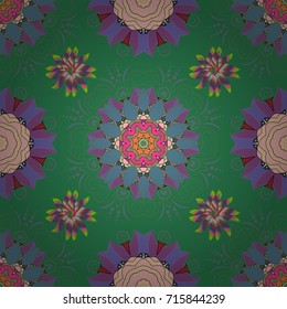 Seamless exotic pattern with many green, neutral and blue tropical flowers. Blooming jungle. Motley vector illustration.