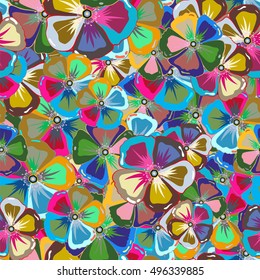 Seamless exotic pattern with many multicolored tropical flowers. Blooming jungle. Multicolor vector illustration.