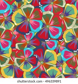 Seamless exotic pattern with many multicolored tropical flowers. Blooming jungle. Multicolor vector illustration.