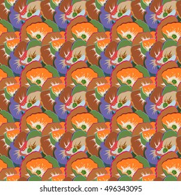 Seamless exotic pattern with many multicolored tropical flowers. Blooming jungle. Multicolor vector illustration.